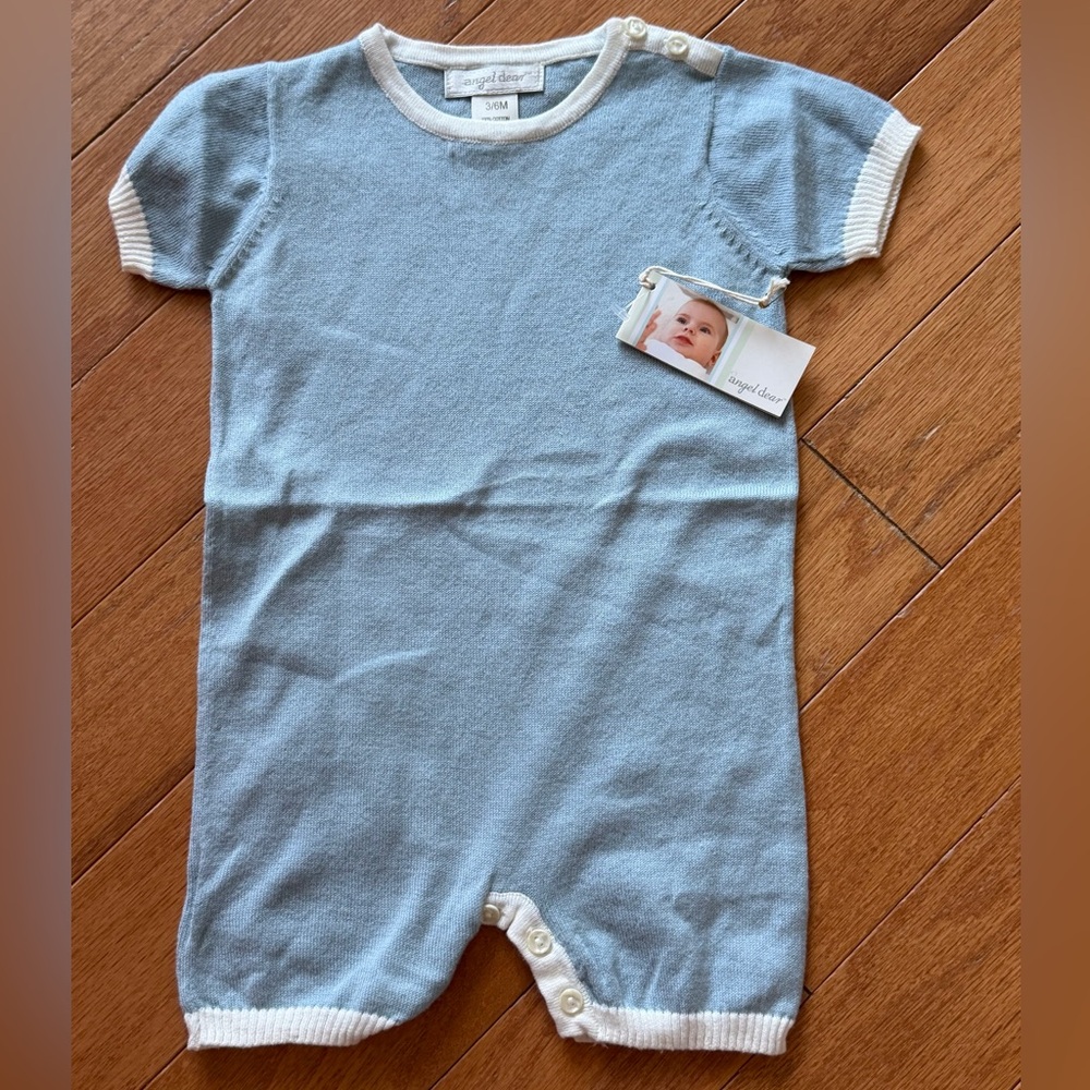 Angel Dear Light Blue Knit Baby Romper with White Trim